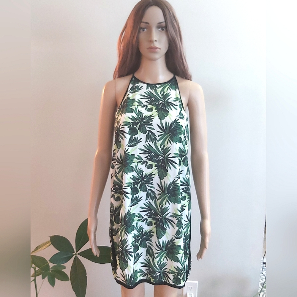 Rose Burg green halter tank mini summer dress tropical palm leaves print